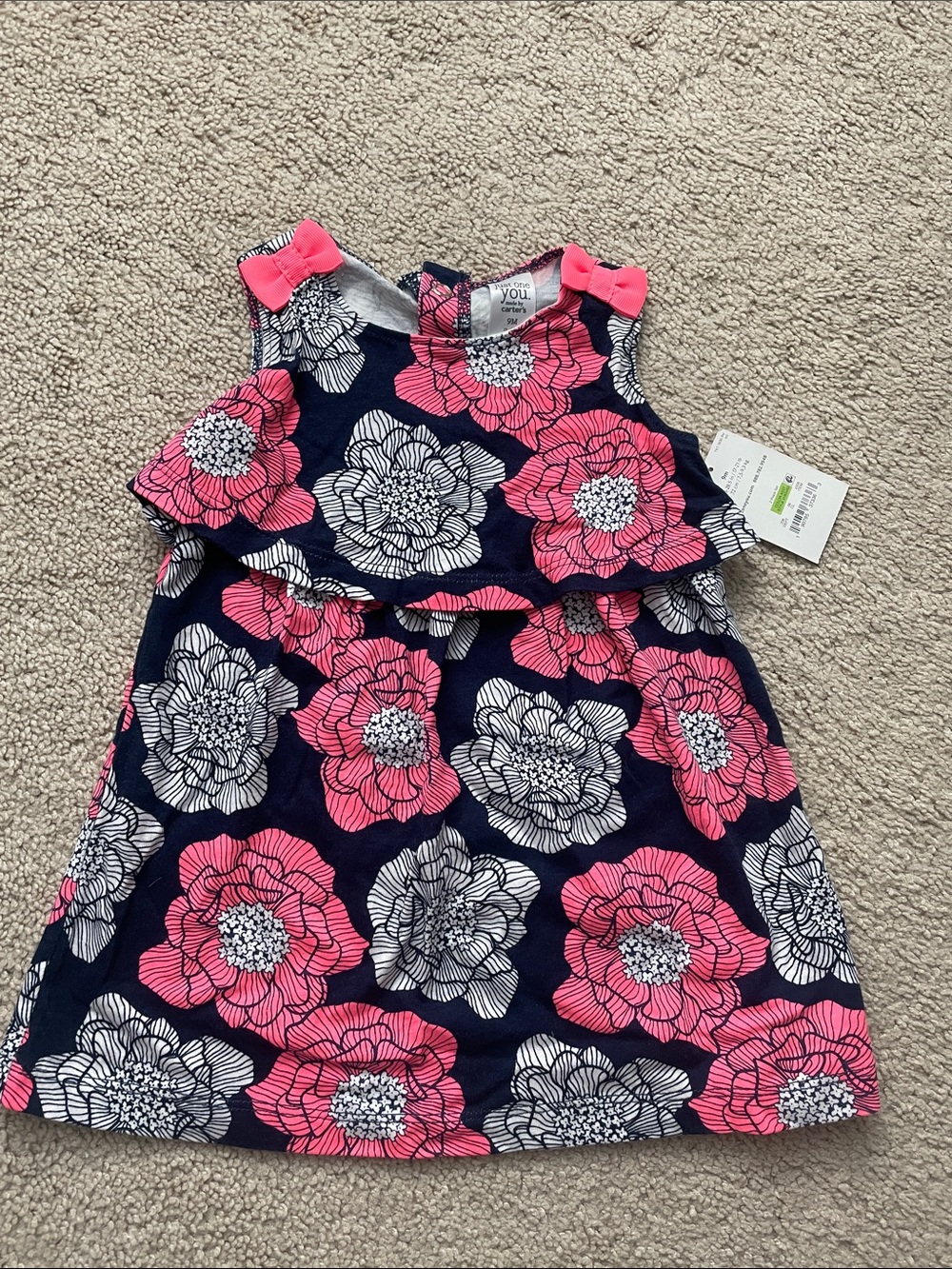 Girls Navy Floral Ruffle Dress with Pink Accents